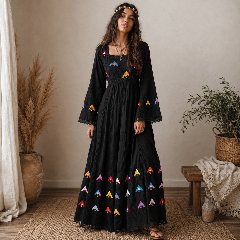 VTG 70s Embroidered Pintuck Maxi Dress Medium Handmade Bell Sleeves Folk Artsy